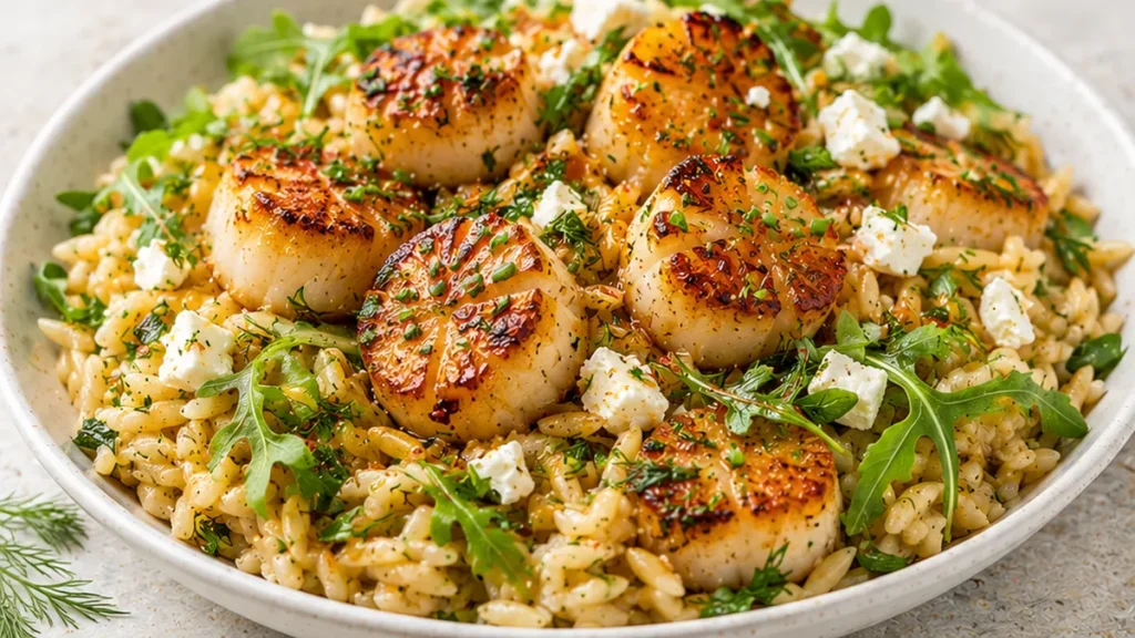 20-Minute Honey Garlic Scallops - scallops orzo - Scallops orzo: make this amazing honey garlic butter scallop and orzo dish in just 20 minutes. Perfect for a q