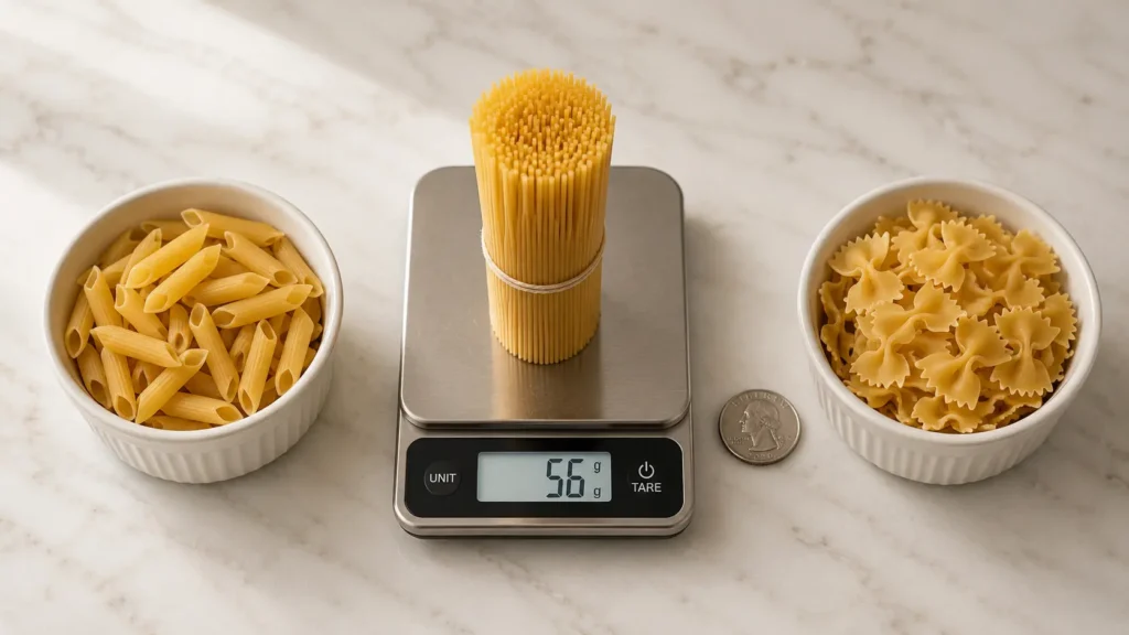 One 2-ounce serving of pasta shown on a kitchen scale next to a quarter-width spaghetti bundle and ramekins of dry penne and farfalle