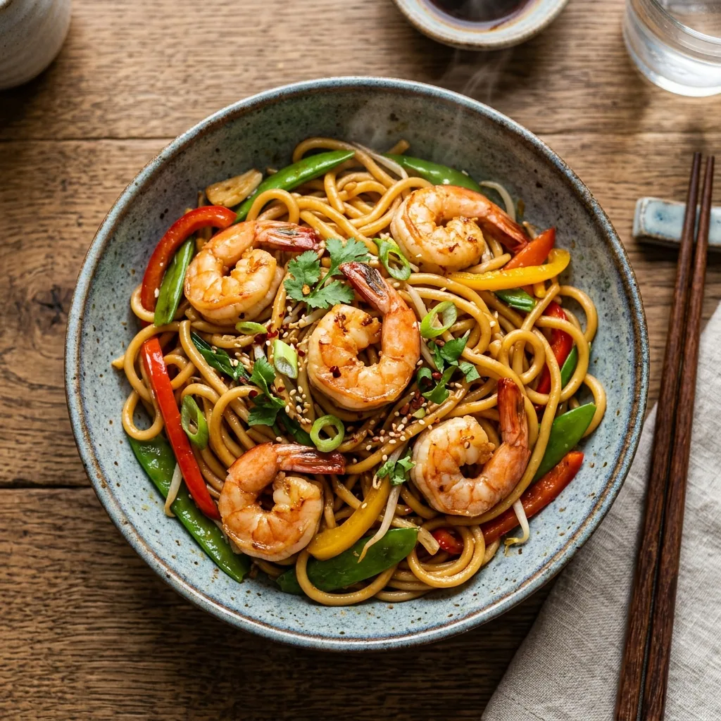 Viral Shrimp Noodles Stir-Fry served and ready to eat