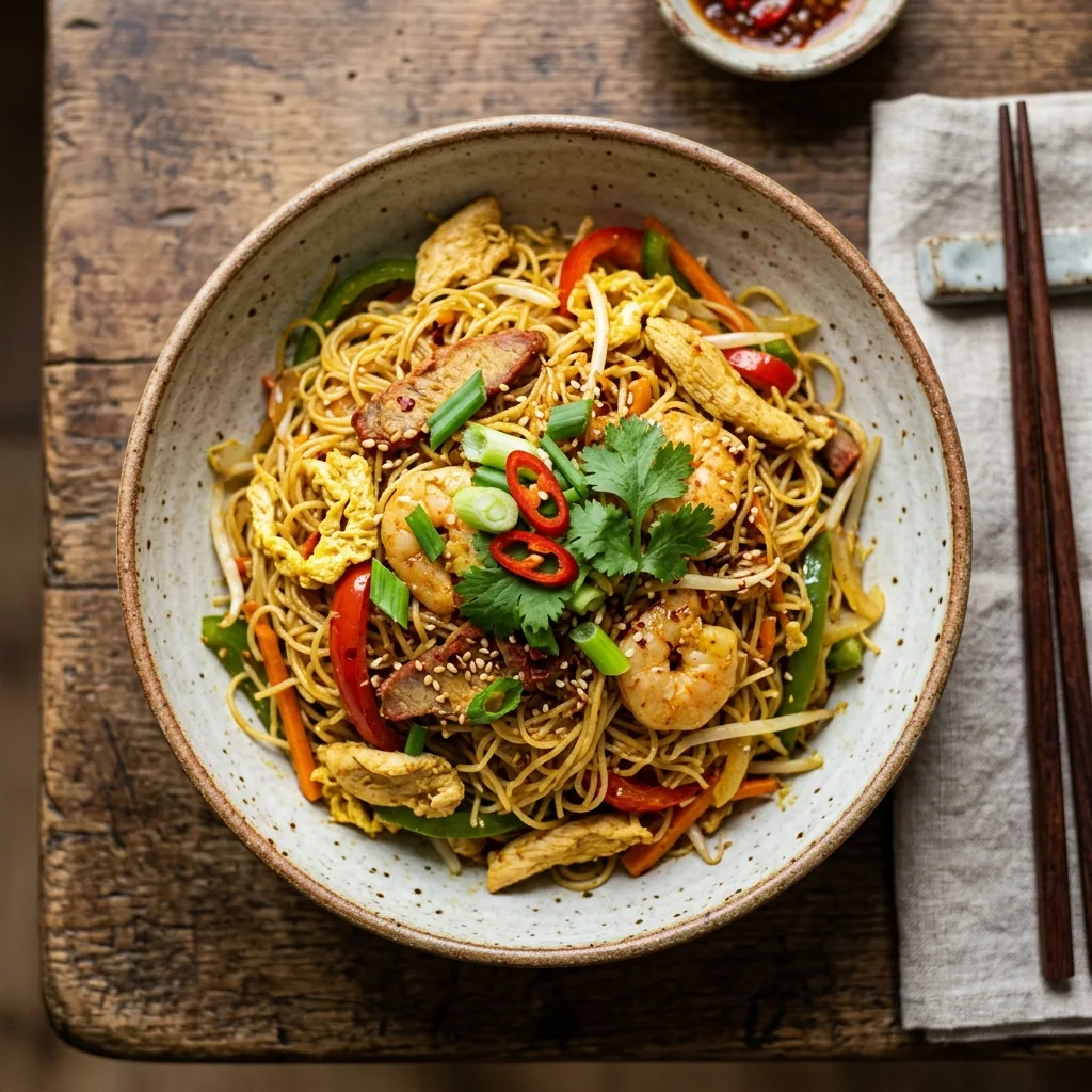 Singapore Noodles served and ready to eat