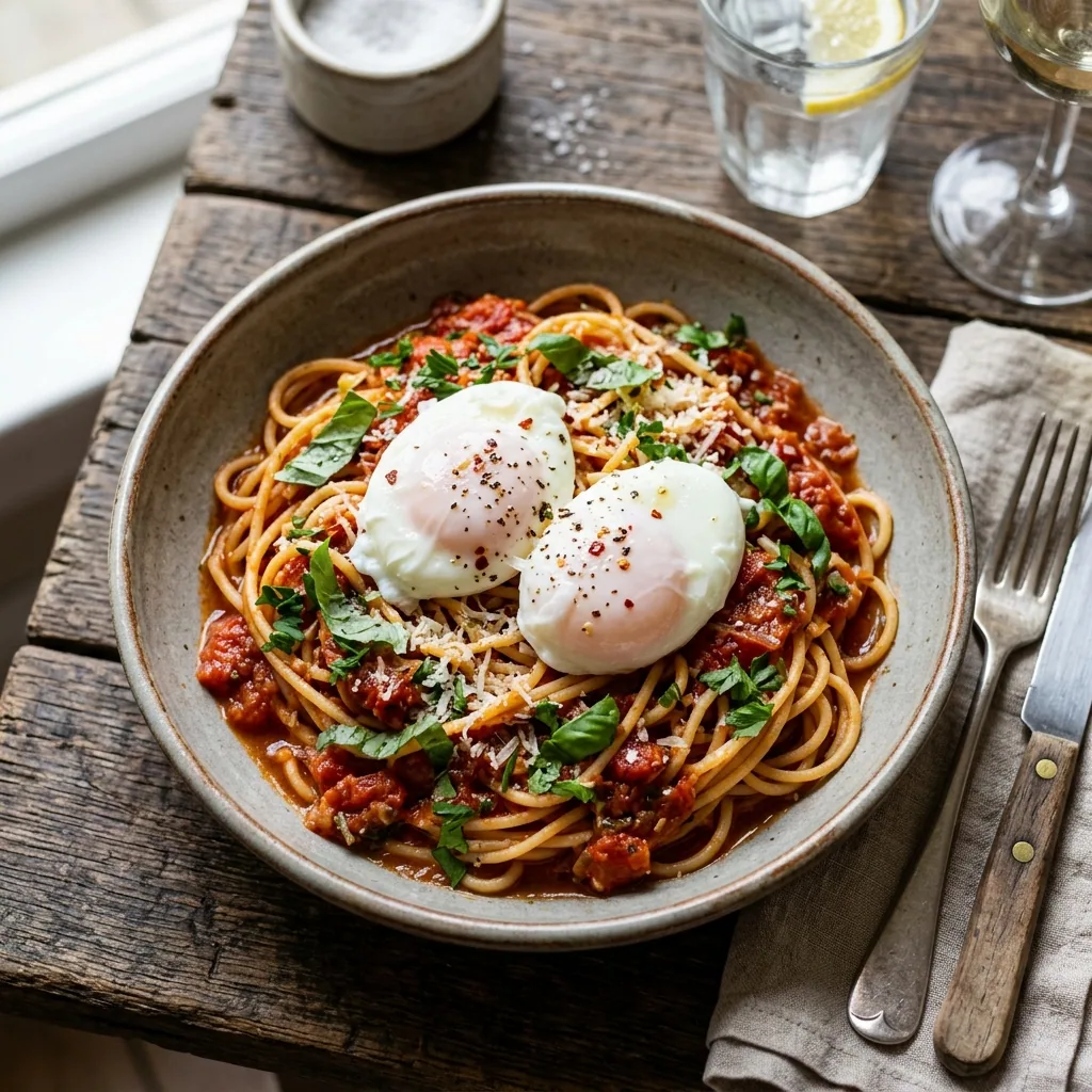 The ULTIMATE Spaghetti Marinara with Poached Eggs served and ready to eat