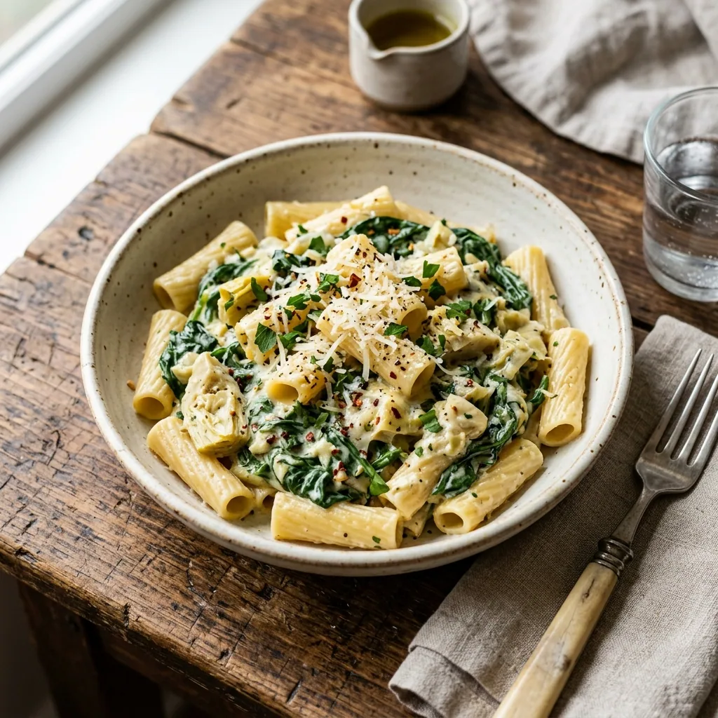 Creamy Spinach Artichoke Pasta Dream served and ready to eat