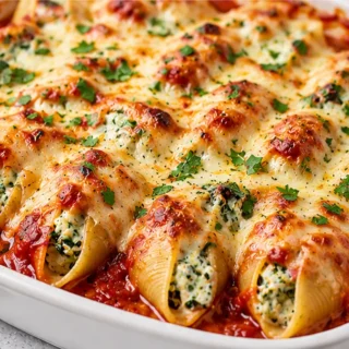 Creamy Spinach Ricotta Stuffed Shells Recipe - Spinach ricotta stuffed shells: Make these easy, crowd-pleasing pasta shells baked in marinara sauce. Perfect for