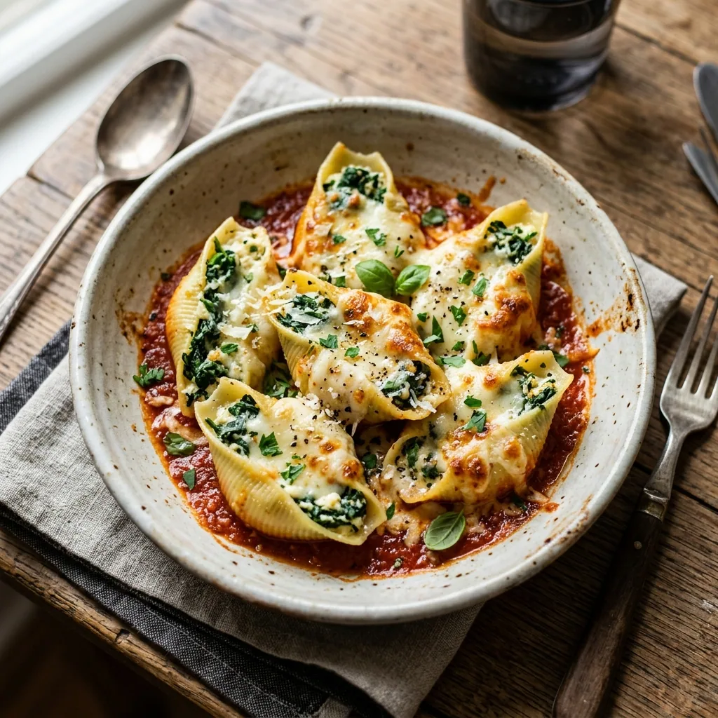 Creamy Spinach Ricotta Stuffed Shells served and ready to eat