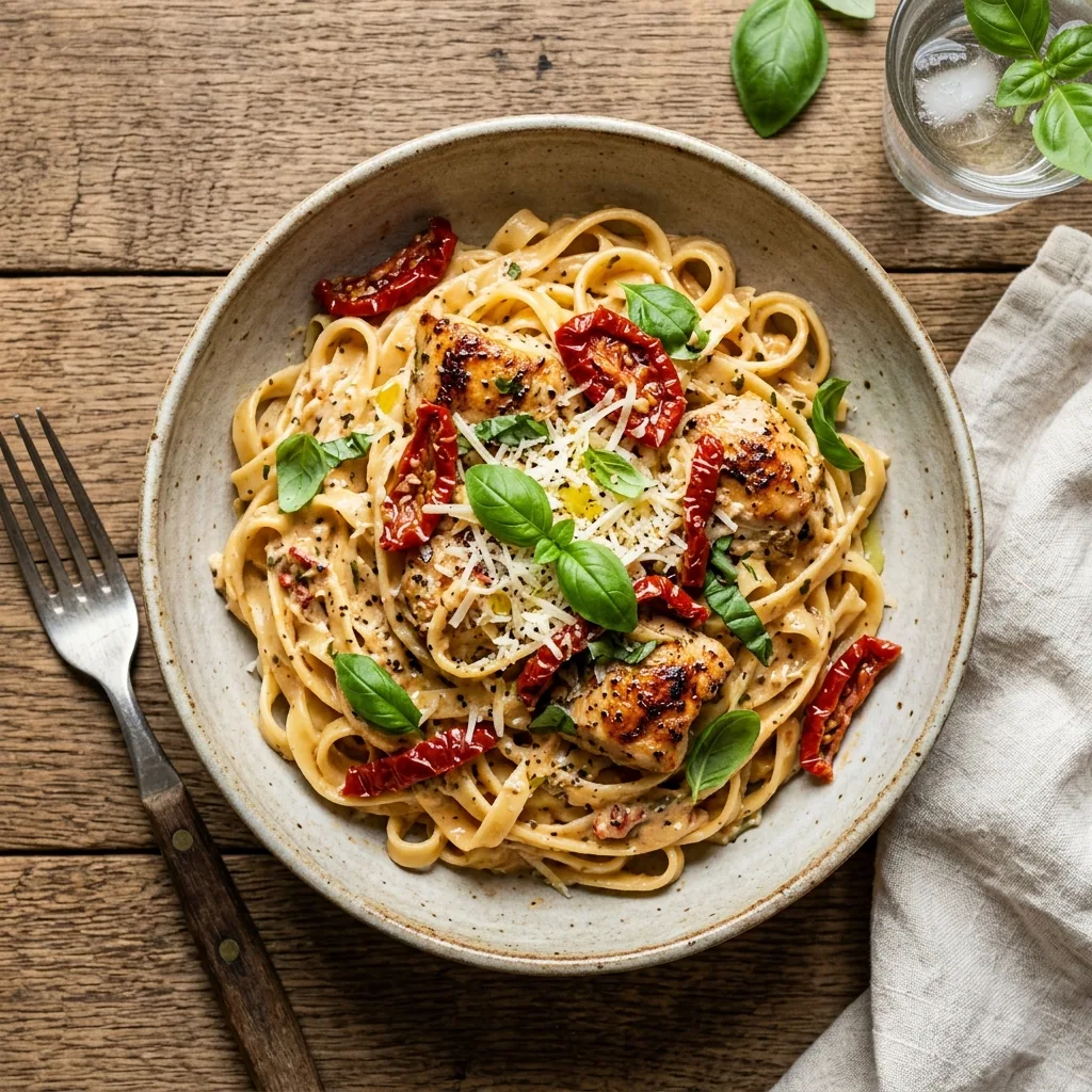 Ultimate Sun Dried Tomato Chicken Pasta served and ready to eat