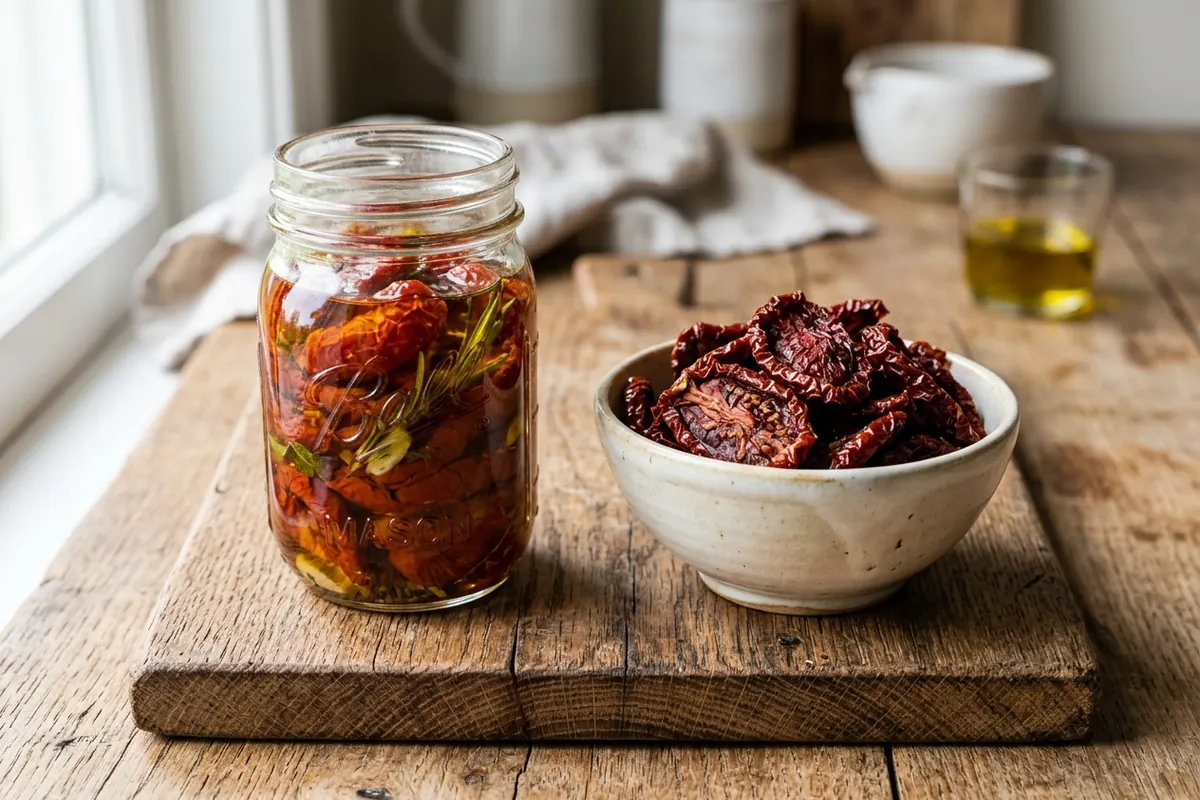 Oil-packed sun dried tomatoes in a jar beside dry-packed tomato halves in a bowl