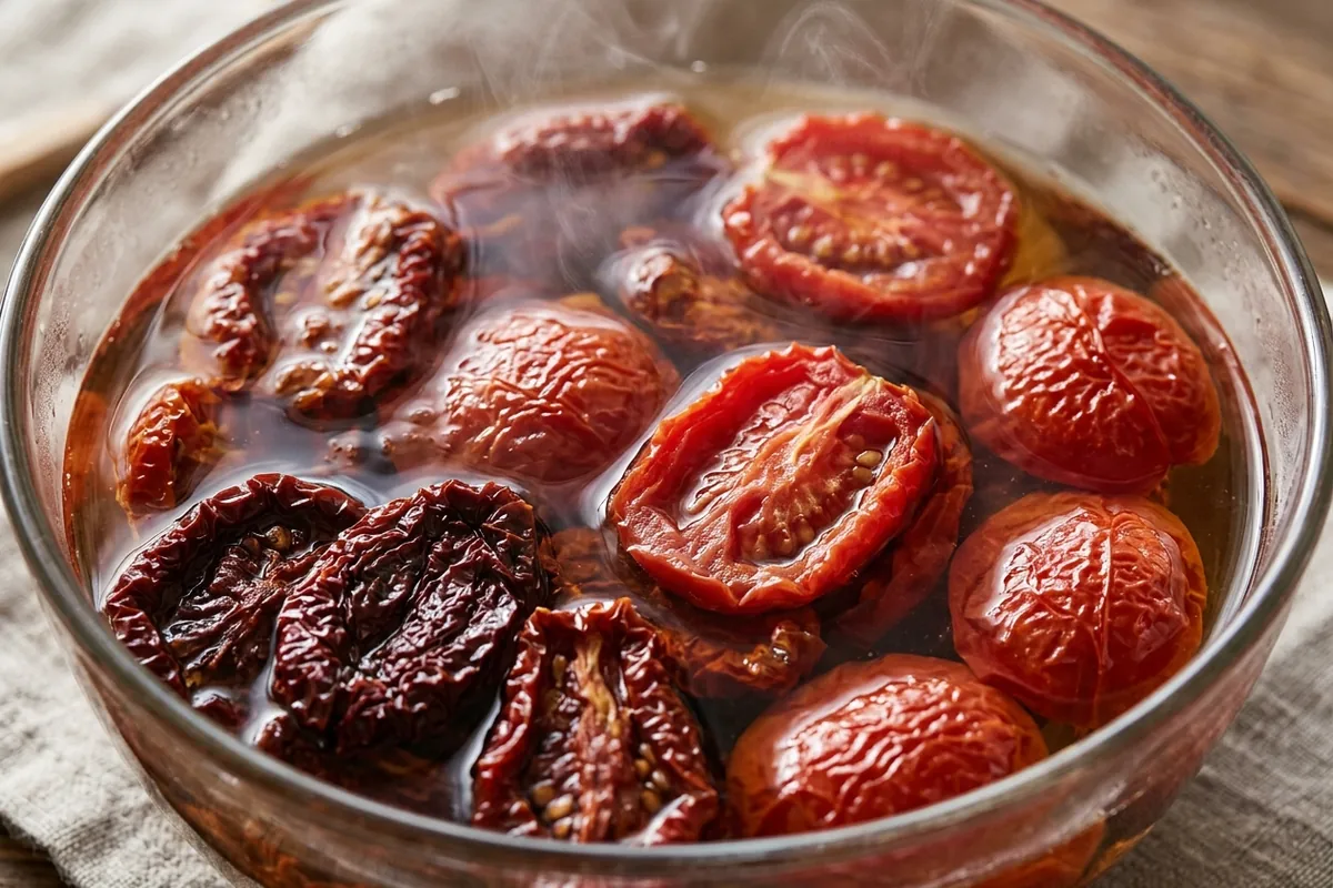Dry sun dried tomatoes soaking in hot water to soften before cooking
