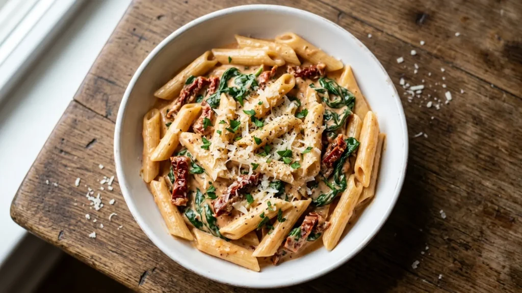Overhead bowl of penne in a creamy sun dried tomato sauce with spinach and parmesan