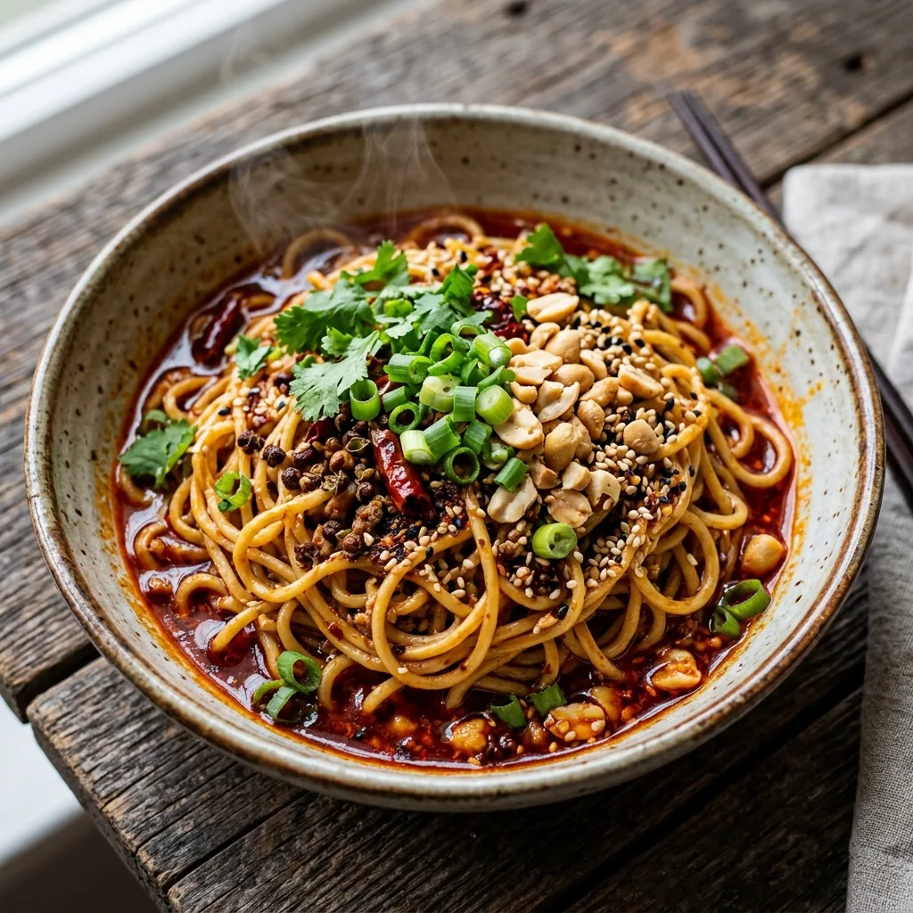 Spicy Szechuan Noodles served and ready to eat
