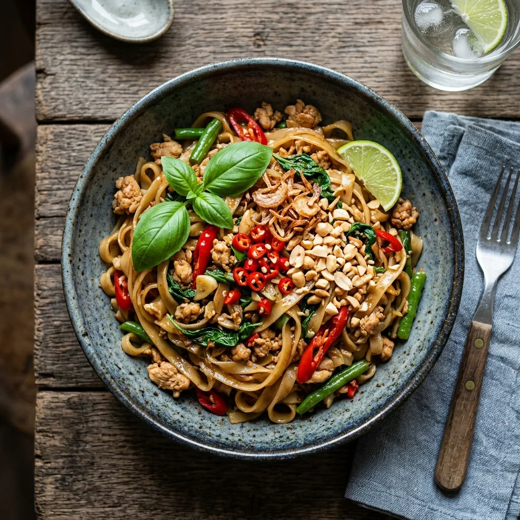 Spicy Thai Basil Chicken Noodles served and ready to eat