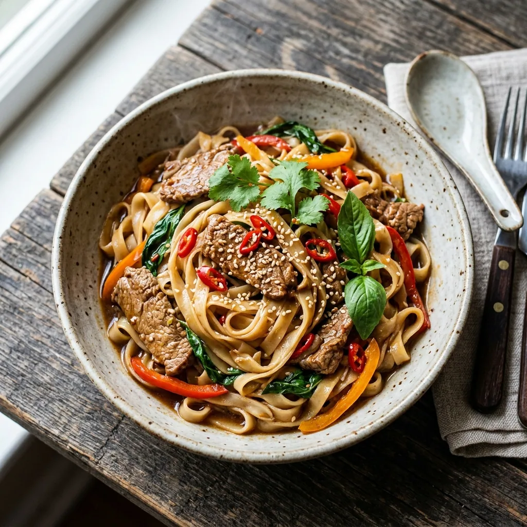 30-Minute Thai Basil Beef Noodles served and ready to eat