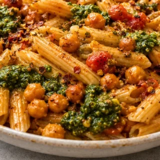 Easiest Spicy Penne with Crispy Chickpeas! ️ - tomato basil penne - Tomato Basil Penne: prepare this easy and flavorful pasta dish featuring crispy, spicy Itali