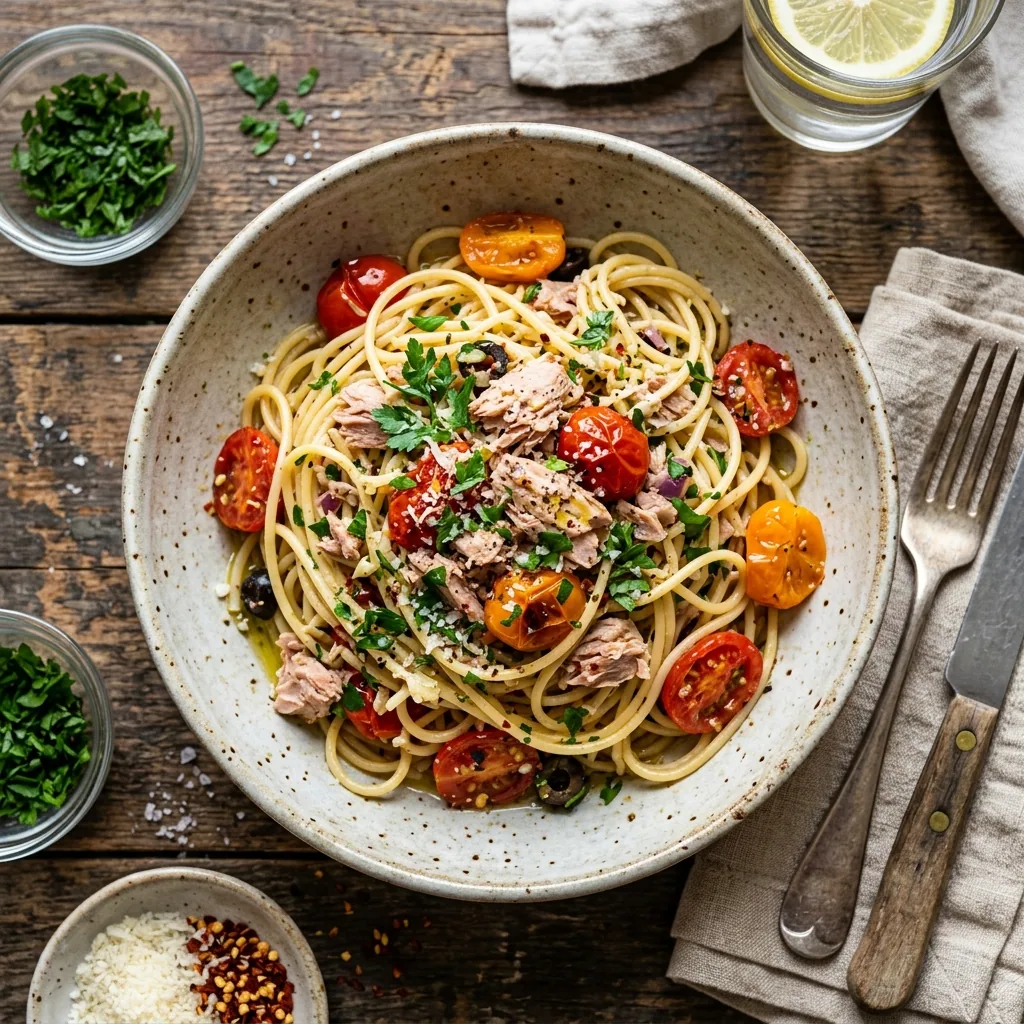 Ultimate Canned Tuna Pasta served and ready to eat