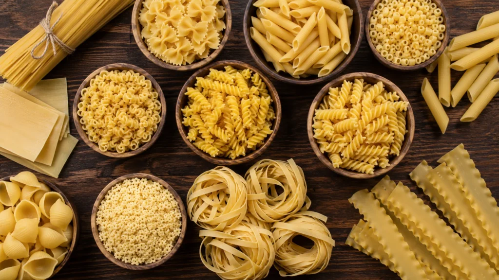 Types of pasta, beautifully styled overhead food photograph