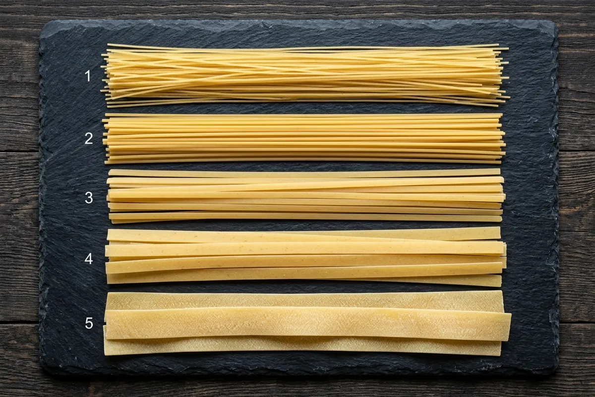 Row of long pasta noodles from thin angel hair to broad pappardelle