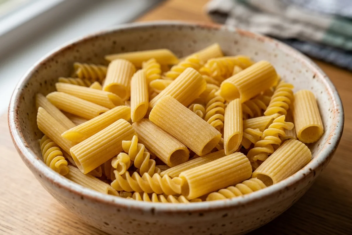 Close-up of ridged penne, rigatoni and fusilli showing grooves that grip sauce