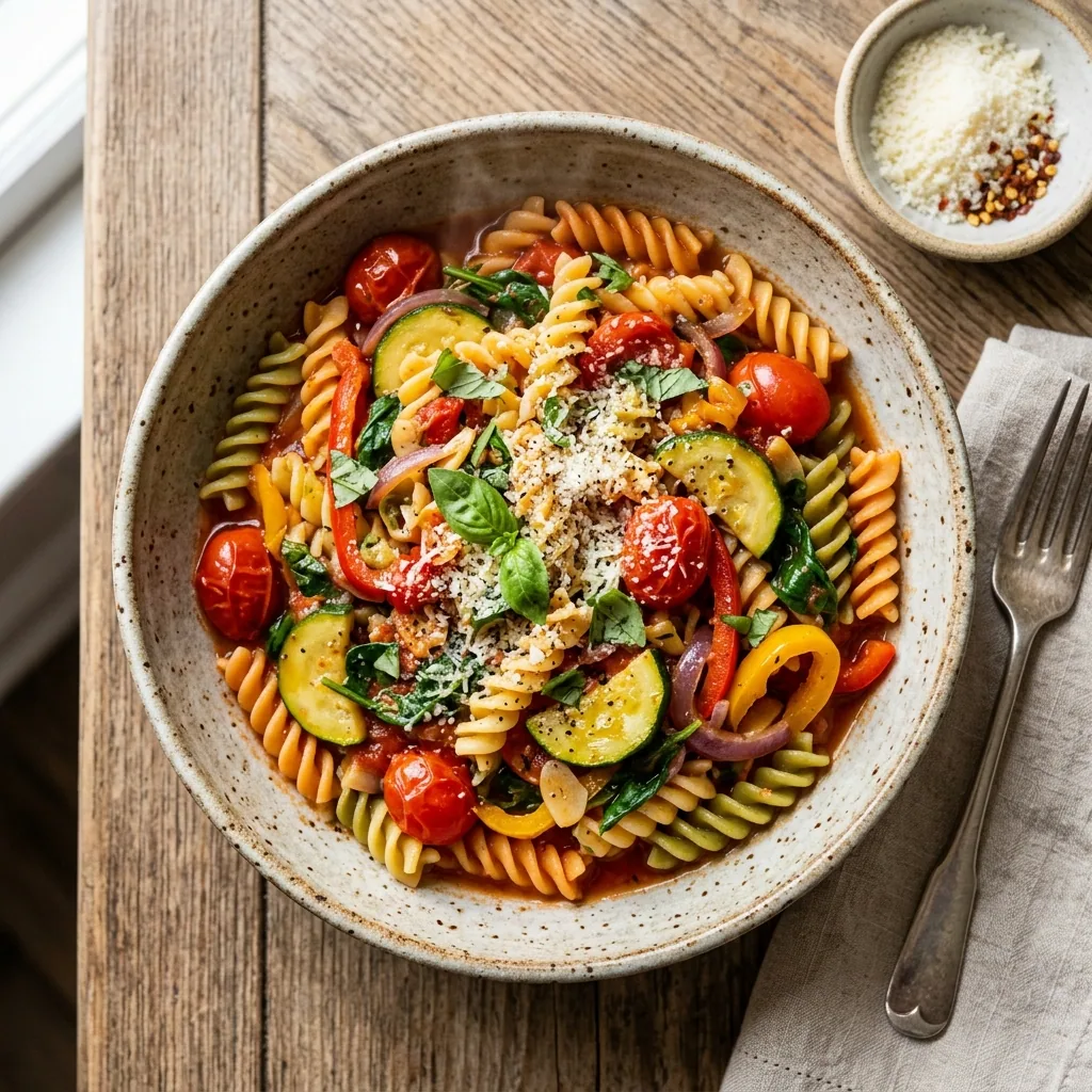 One-Pot Vegetable Pasta served and ready to eat