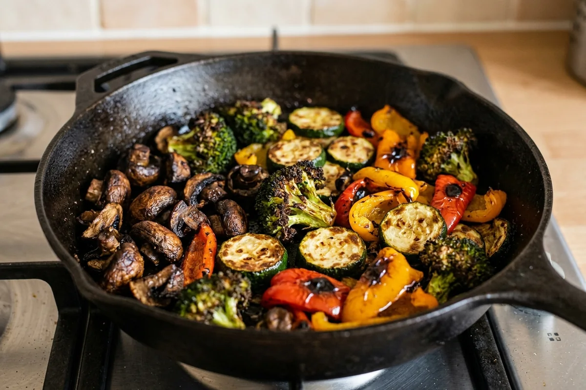 Mushrooms and vegetables searing in a pan with browned, caramelized edges