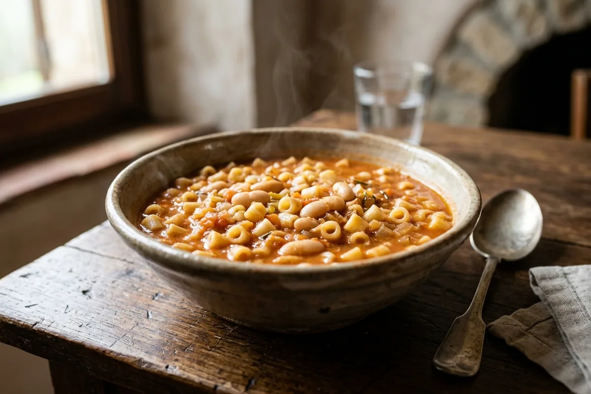 Bowl of pasta and cannellini beans in a tomato base, pasta e fagioli style