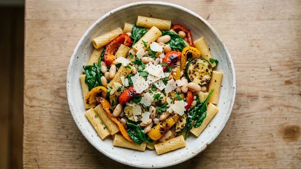 Overhead of rigatoni with roasted vegetables, white beans and parmesan