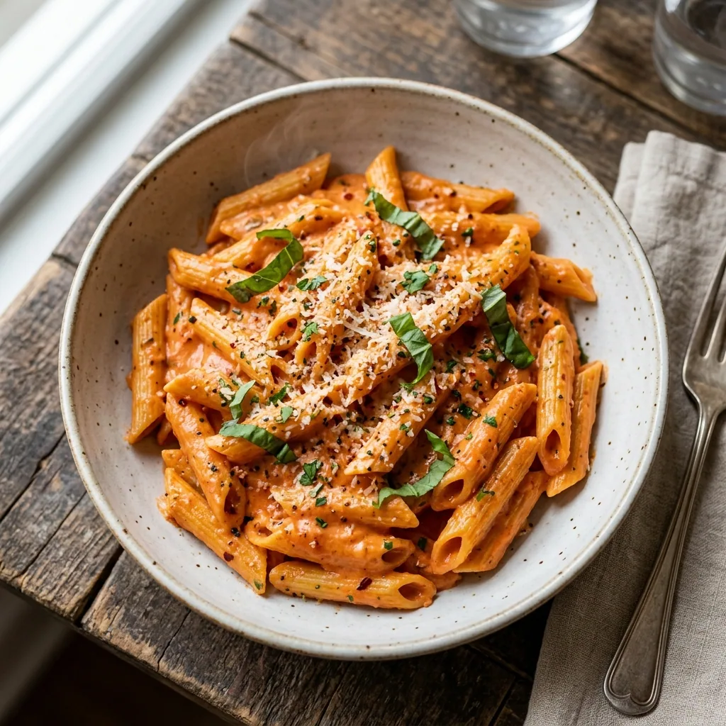 Creamy Vodka Penne served and ready to eat