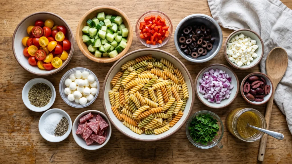 What goes into a pasta salad, beautifully styled overhead food photograph