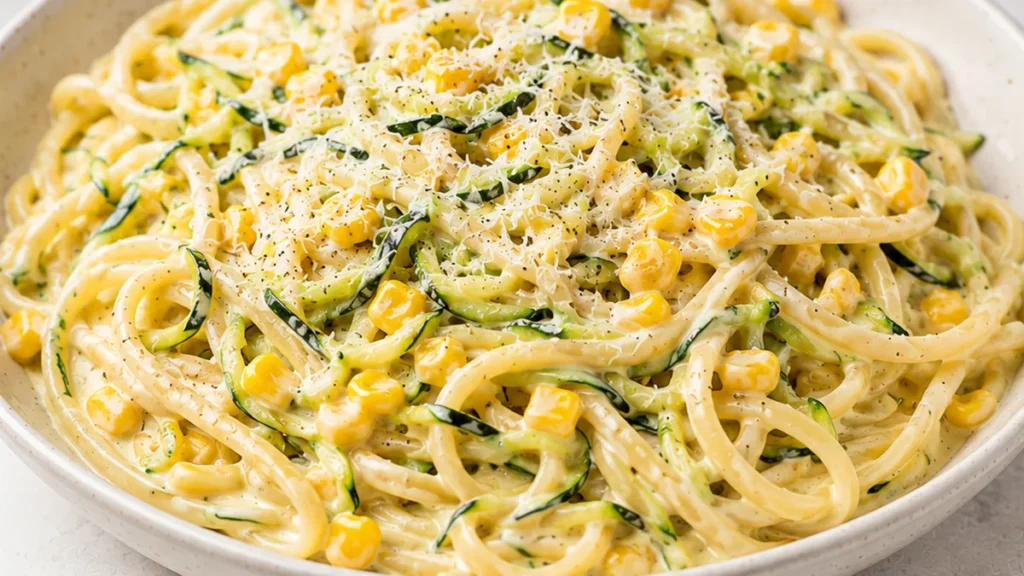 Creamy Zucchini Pasta Dream! Zucchini pasta: make this creamy, flavorful dish in under 30 minutes. Features a velvety zucchini sauce with sweet corn. Perfect we