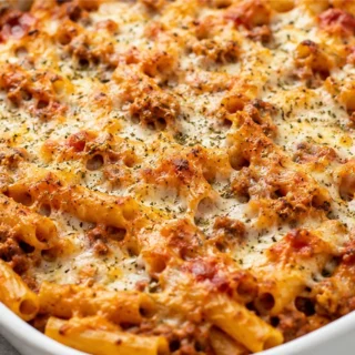 Cheesy Baked Mostaccioli: Comfort Food! Baked Mostaccioli: assemble this hearty casserole with rich meat sauce and a creamy ricotta filling. Perfect for a satis