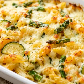 Cheesy Baked Pasta with Spring Veggies - Baked pasta: assemble this creamy dish with fresh spring vegetables. A perfect, comforting meal ready in under an hour
