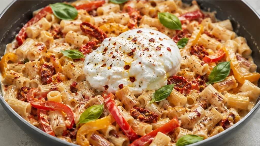 Creamy One-Pot Burrata Pasta - Burrata pasta: cook this creamy, satisfying one-pot meal in under 30 minutes. Loaded with sun-dried tomatoes and fresh burrata, p