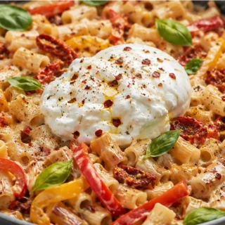 Creamy One-Pot Burrata Pasta - Burrata pasta: cook this creamy, satisfying one-pot meal in under 30 minutes. Loaded with sun-dried tomatoes and fresh burrata, p