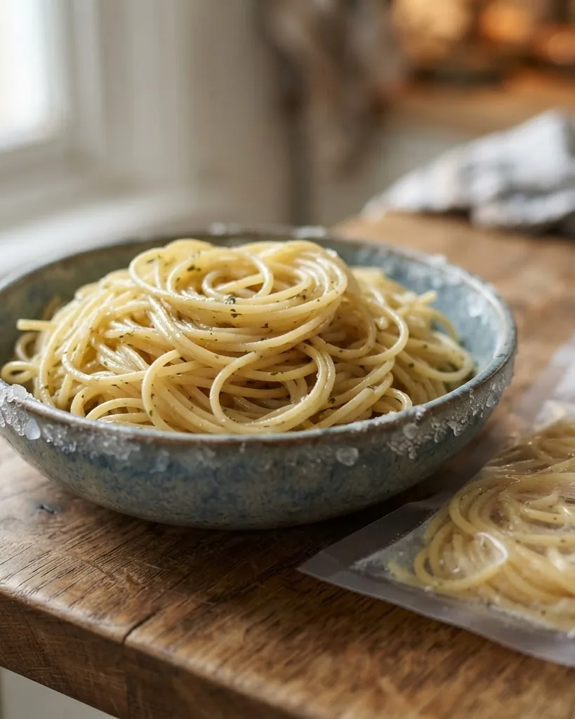 Close-up illustrating why freezing cooked pasta works at all