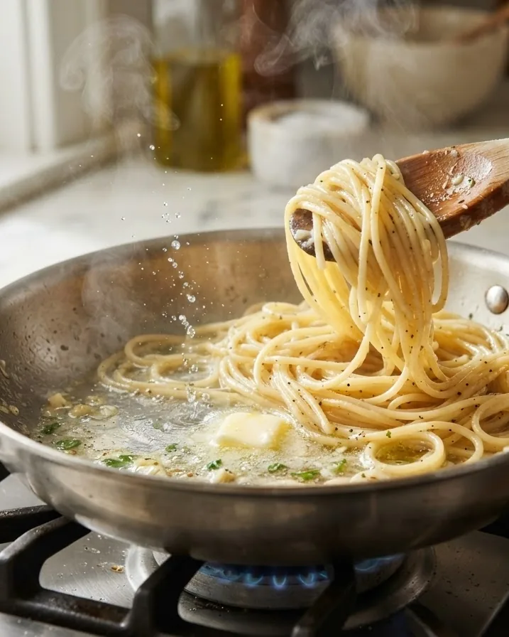 Detail view of reheating frozen cooked pasta the right way