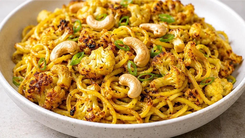 ️ Crispy Turmeric Cauliflower Noodles: New Obsession! Cauliflower noodles: cook this fresh and crispy turmeric cauliflower with creamy garlic noodles for a sati