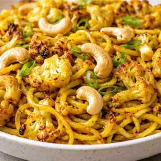 ️ Crispy Turmeric Cauliflower Noodles: New Obsession! Cauliflower noodles: cook this fresh and crispy turmeric cauliflower with creamy garlic noodles for a sati