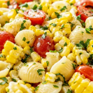 Golden Summer Corn Salad - Corn salad: Whip up this zesty Summer Sweet Corn Salad in 20 minutes. Packed with fresh corn, tomatoes, and pasta, tossed in a bright
