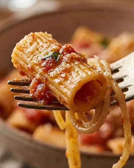Detail view of matching shape to sauce so nothing slides off the fork