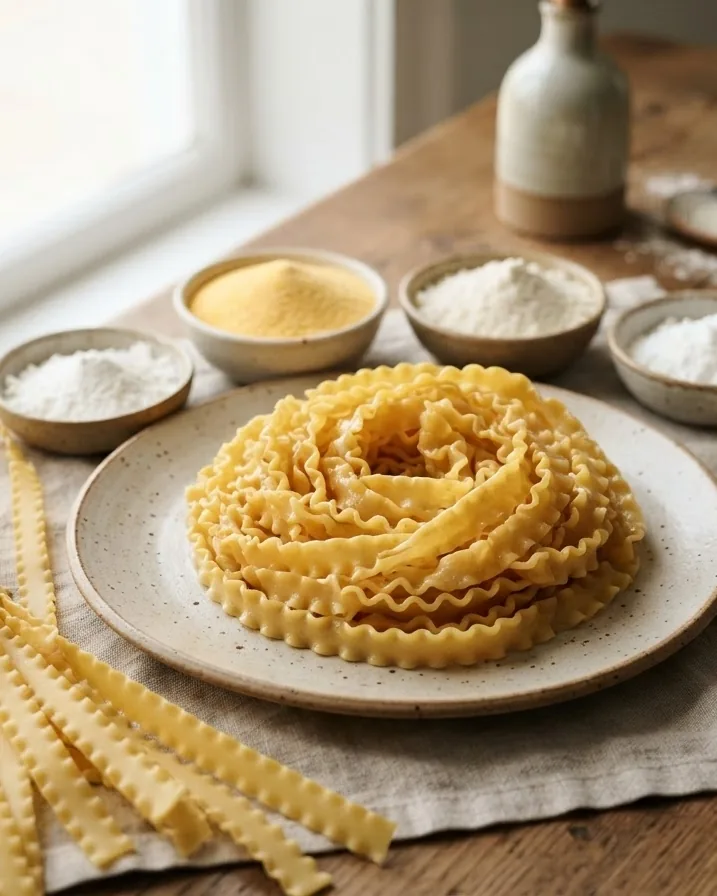 Detail view of what gluten free mafaldine is actually made of