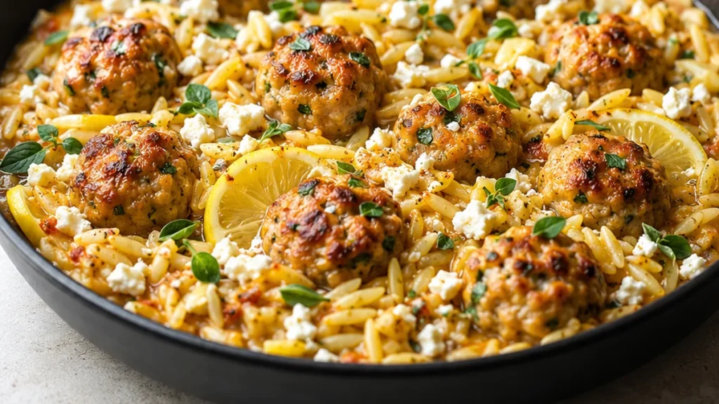 Greek Meatball Skillet: Lemon Orzo & Feta - Greek meatballs - Greek meatballs: craft this vibrant one-skillet meal featuring juicy chicken meatballs, zesty lemo