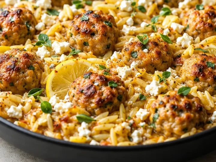 Greek Meatball Skillet: Lemon Orzo & Feta