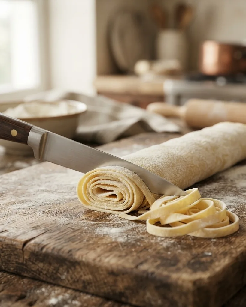 Rolled pasta sheet being cut into thin ribbons with a knife on a floured board
