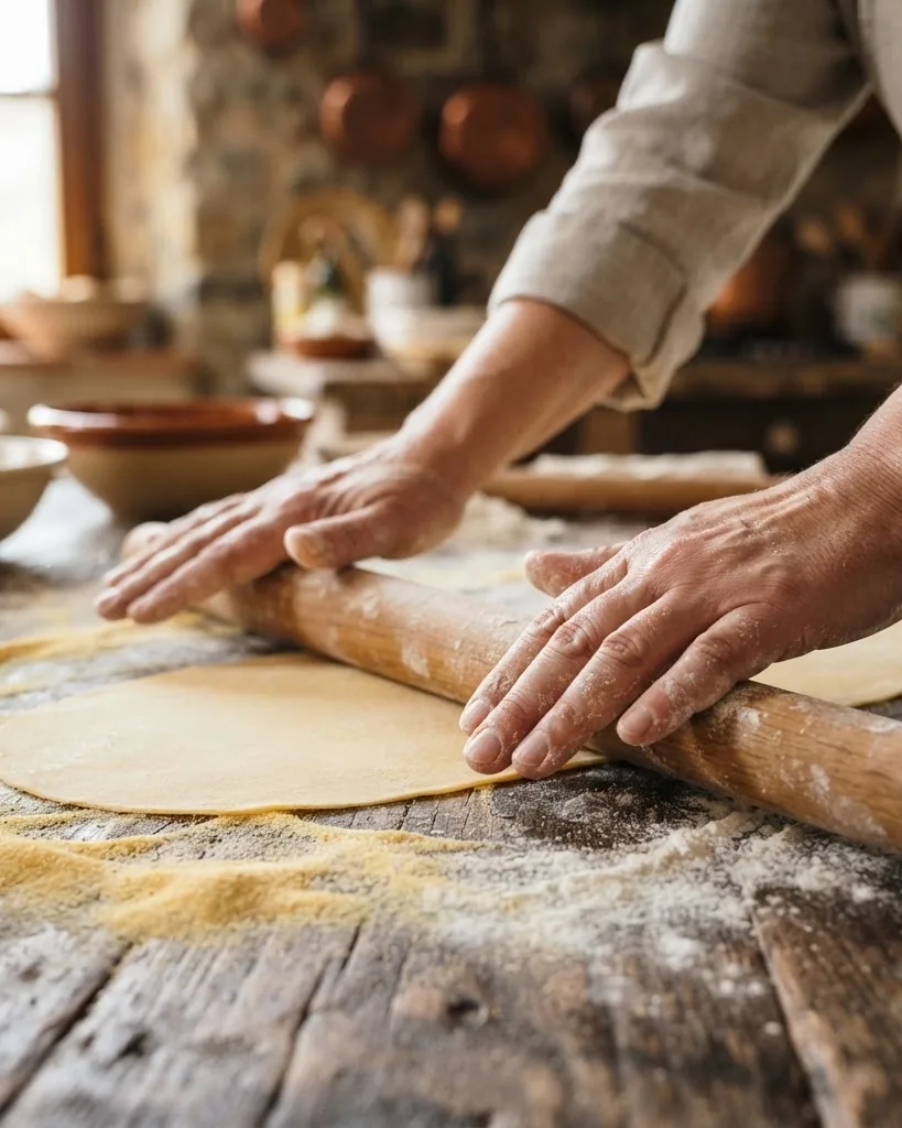 Hands rolling out thin fresh pasta dough with a wooden rolling pin on a floured table