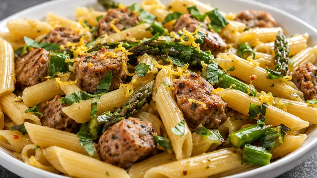 Zesty Lemon Basil Sausage Pasta - lemon basil pasta - Lemon Basil Pasta: Master this incredibly flavorful one-pot dish with spicy chicken sausage and fresh aspa
