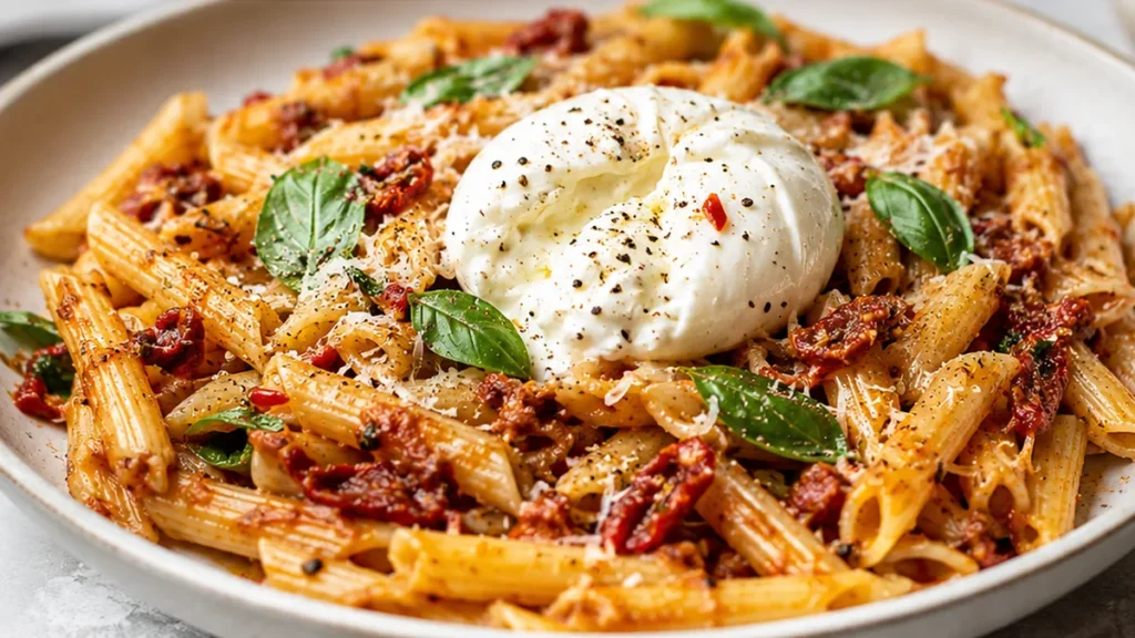 Speedy Sun-Dried Tomato Pasta with Burrata - pantry pasta - Pantry pasta: cook this speedy, flavorful dish in under 30 minutes. Creamy burrata and tangy sun-dri