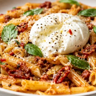 Speedy Sun-Dried Tomato Pasta with Burrata - pantry pasta - Pantry pasta: cook this speedy, flavorful dish in under 30 minutes. Creamy burrata and tangy sun-dri