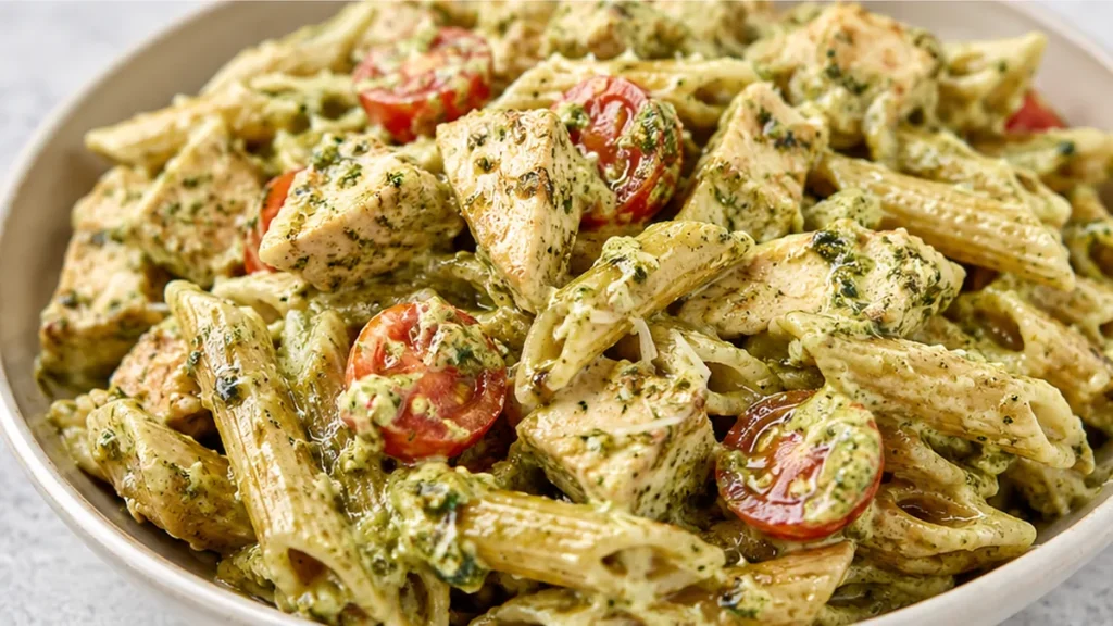 Creamy Pesto Chicken Pasta Salad - Pesto chicken: savor this creamy pasta salad with grilled chicken, avocado, and crispy bacon. Perfect for a quick, flavorful