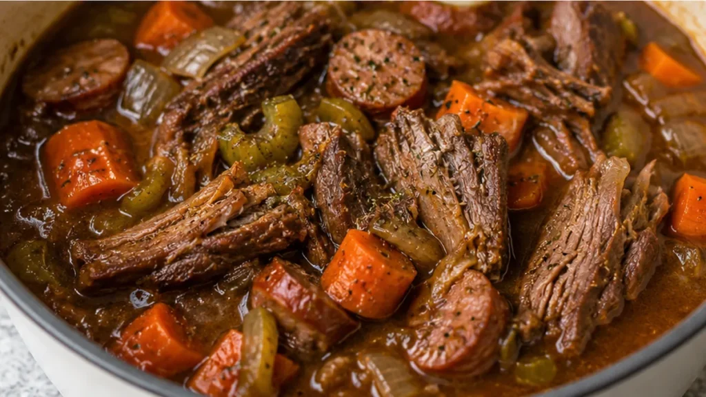 Melt-in-Your-Mouth Pot Roast Sauce - Pot roast: savor this incredibly tender, slow-cooked Sunday sauce. Features a rich tomato base, spicy sausage, and fork-ten