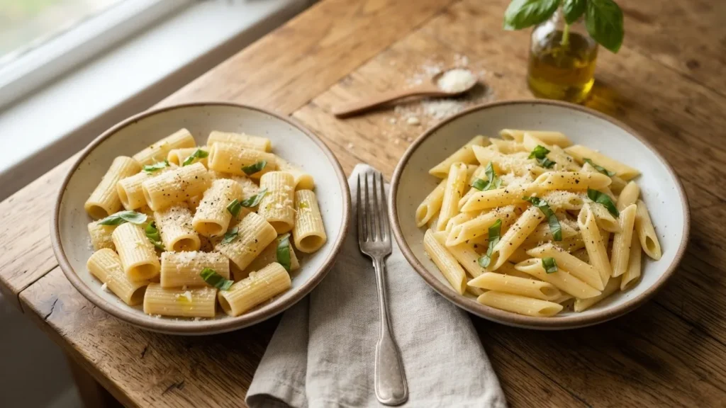 Editorial photo of rigatoni vs penne pasta