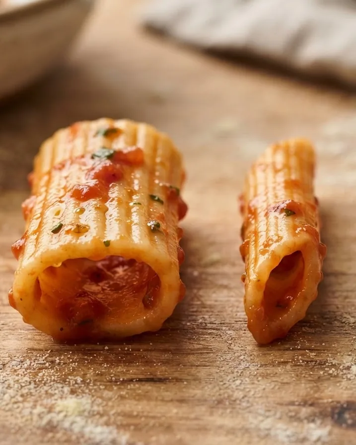 Detail view of size, ridges, and how each tube grabs sauce