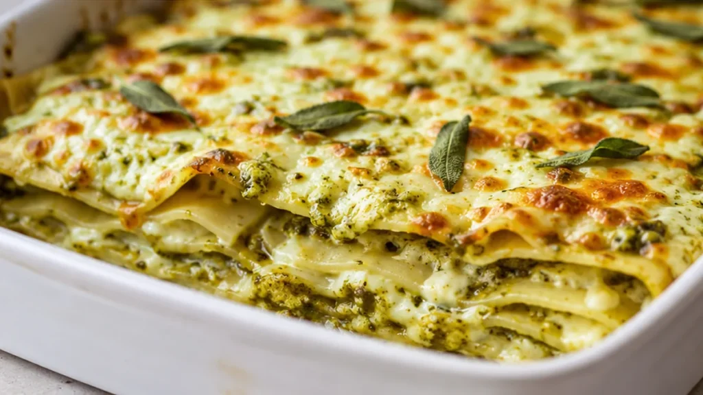 4-Cheese Sage Pesto Lasagna: Pure Comfort! Sage Pesto Lasagna: layer creamy béchamel with ricotta-spinach and four cheeses. Enjoy this comforting Florentine-sty